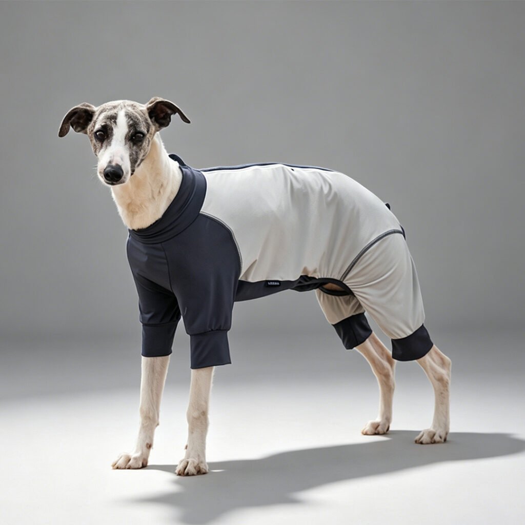 Slender brindle and white Whippet standing on seamless light gray studio background, wearing dark charcoal and light gray color-block high-collar four-legged dog UV sun suit