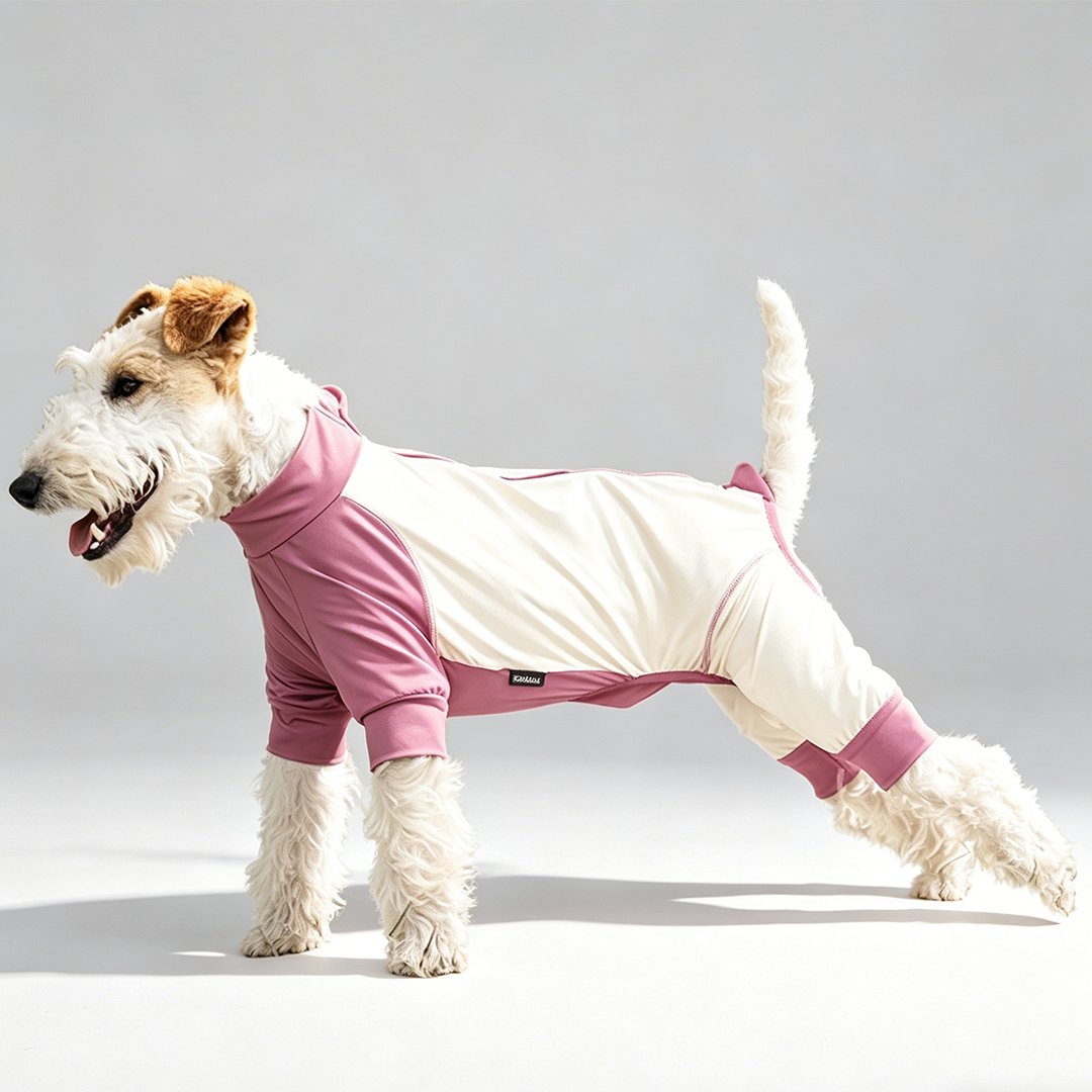 Wire Fox Terrier stretching in side profile on seamless light gray studio backdrop, wearing dusty rose and off-white color-block high-collar four-legged UV protection dog sun suit