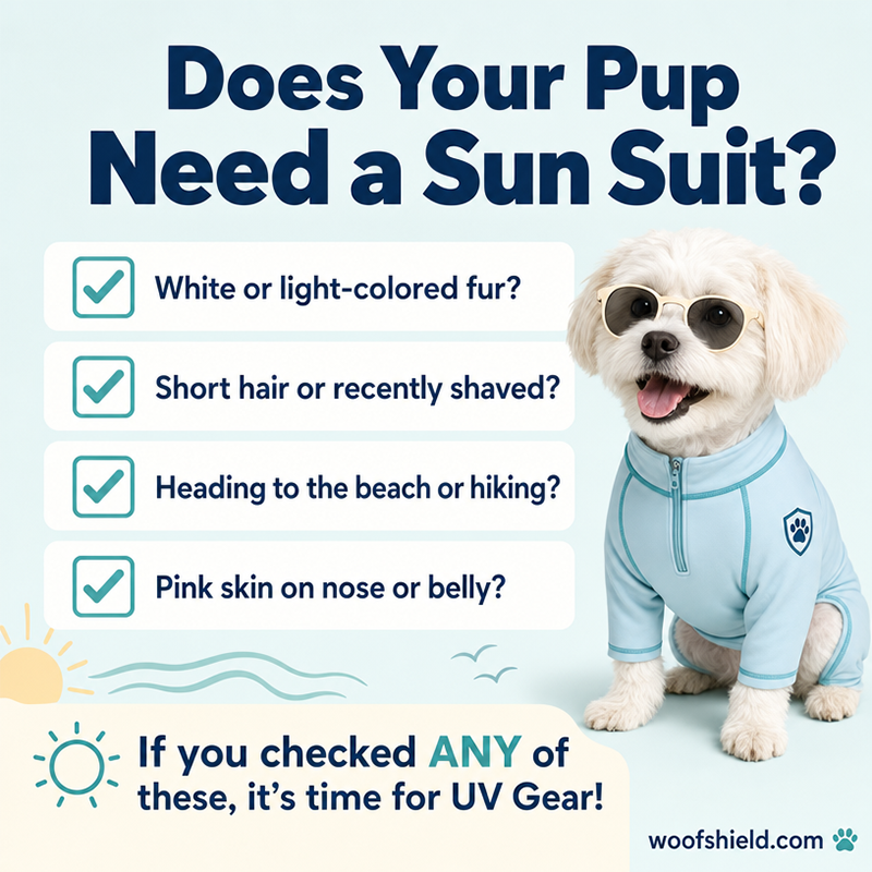 Infographic checklist titled 'Does Your Pup Need a Sun Suit?' showing a white dog in a light blue WoofShield sun suit, with questions about light fur, short hair, beach trips, and pink skin to determine if dogs need UV protection gear.