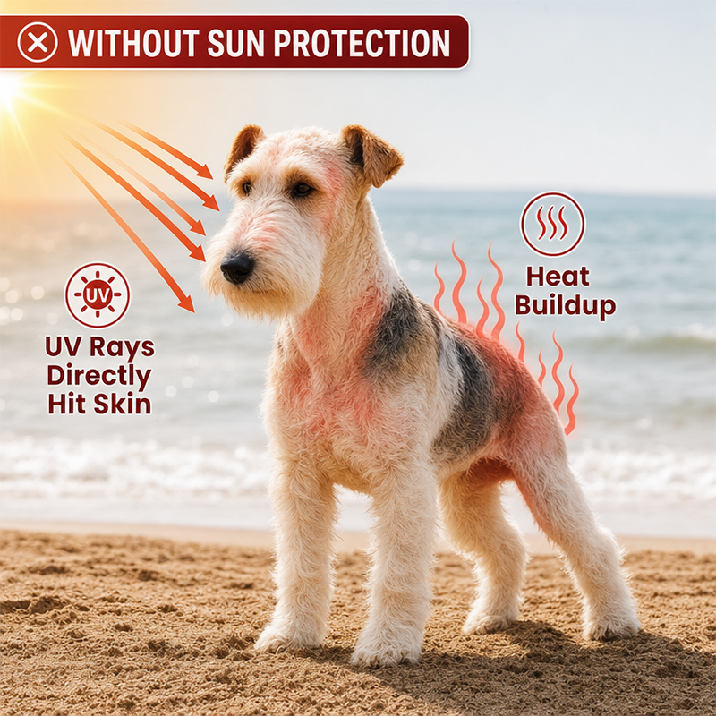 A Wire Fox Terrier dog showing red sunburned skin on the beach, illustrating the risks of UV rays directly hitting skin and heat buildup without sun protection.