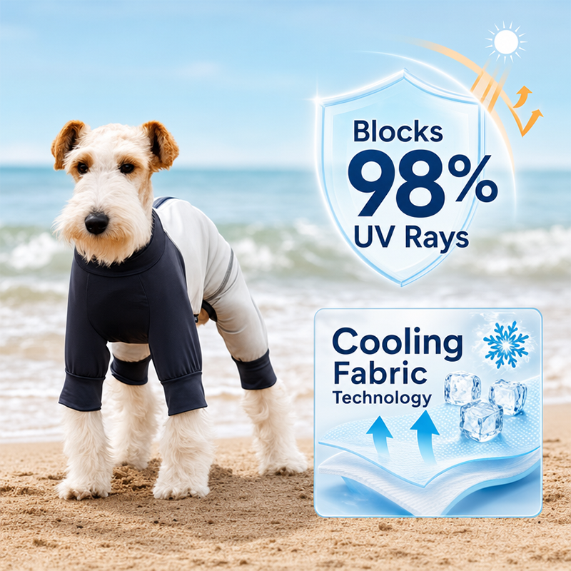Light-colored Wire Fox Terrier in a full-coverage dog sun suit, featuring 98% UV ray blocking and cooling fabric to prevent sunburn and keep dogs cool in summer.