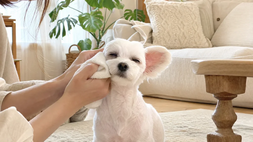 A dog owner gently applying a cool damp towel compress to a sunburned dog's red ear, demonstrating dog first aid care.
