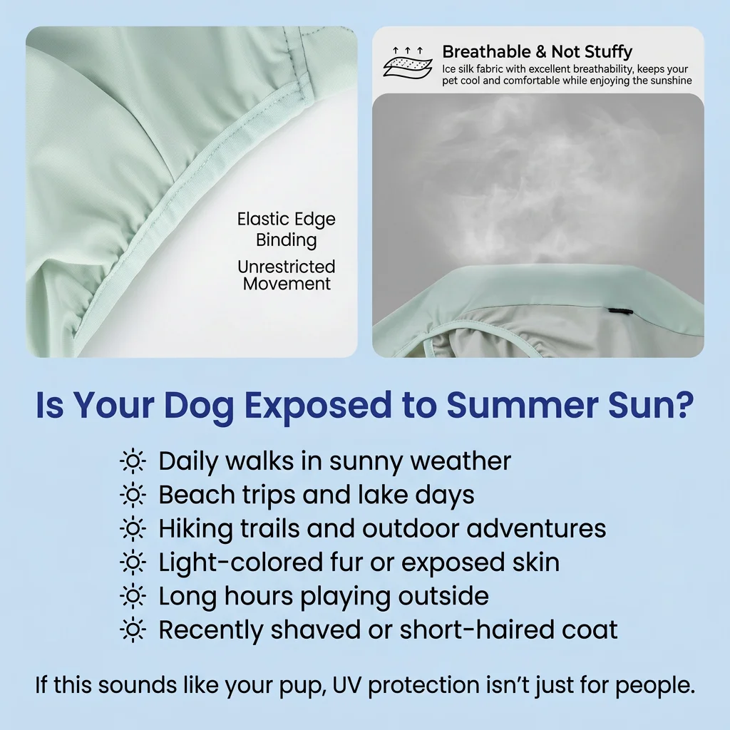 Vertical summer dog UV protection marketing infographic for WoofShield FlexAir cooling sun suit, featuring ice silk breathable fabric demo and elastic edge binding, listing high sun-exposure risk scenarios for dogs with light fur, short hair and bare belly skin