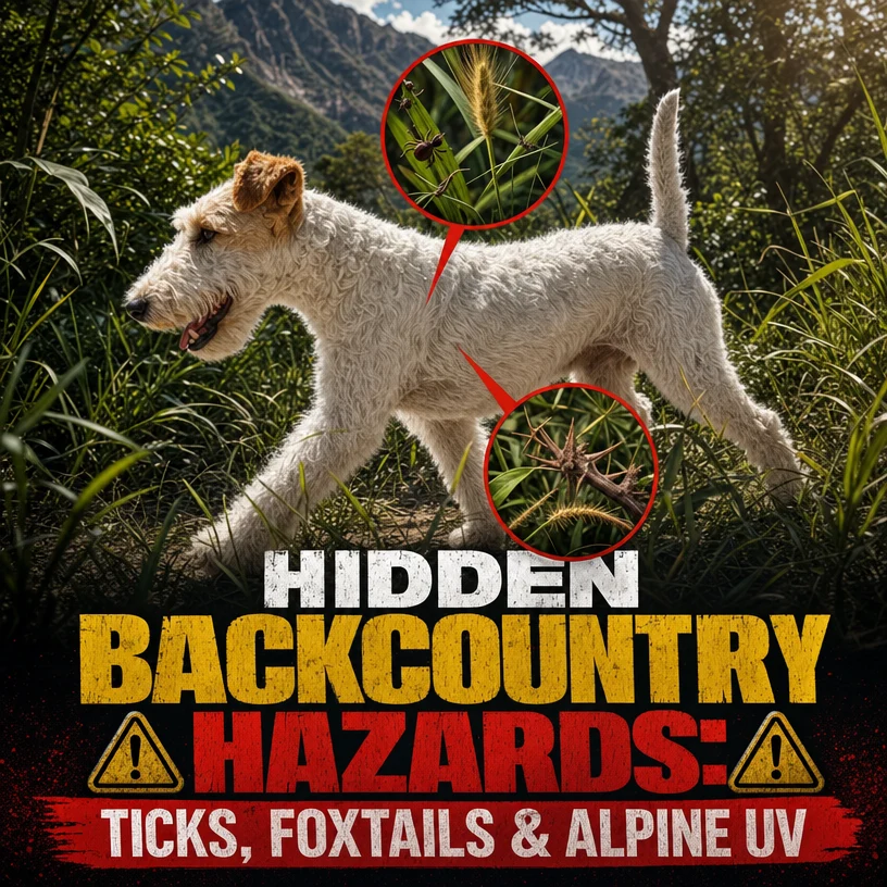 Infographic of a dog walking on trail showing backcountry hazards like ticks foxtails and thorns on grass