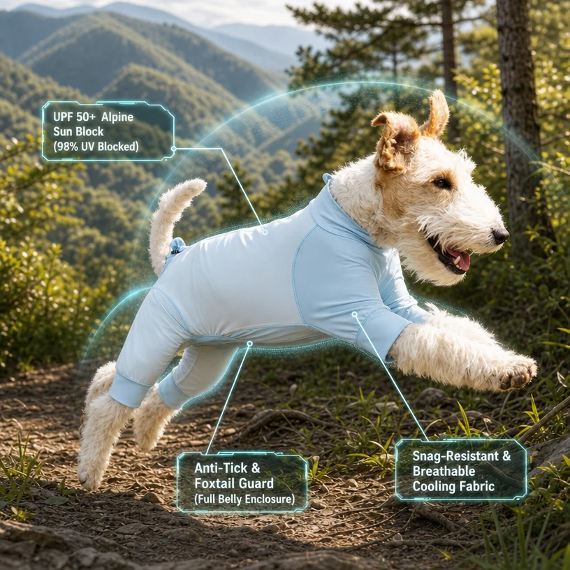 A wire fox terrier jumping on a trail wearing a WoofShield 4 leg dog sun suit with protective shield overlay