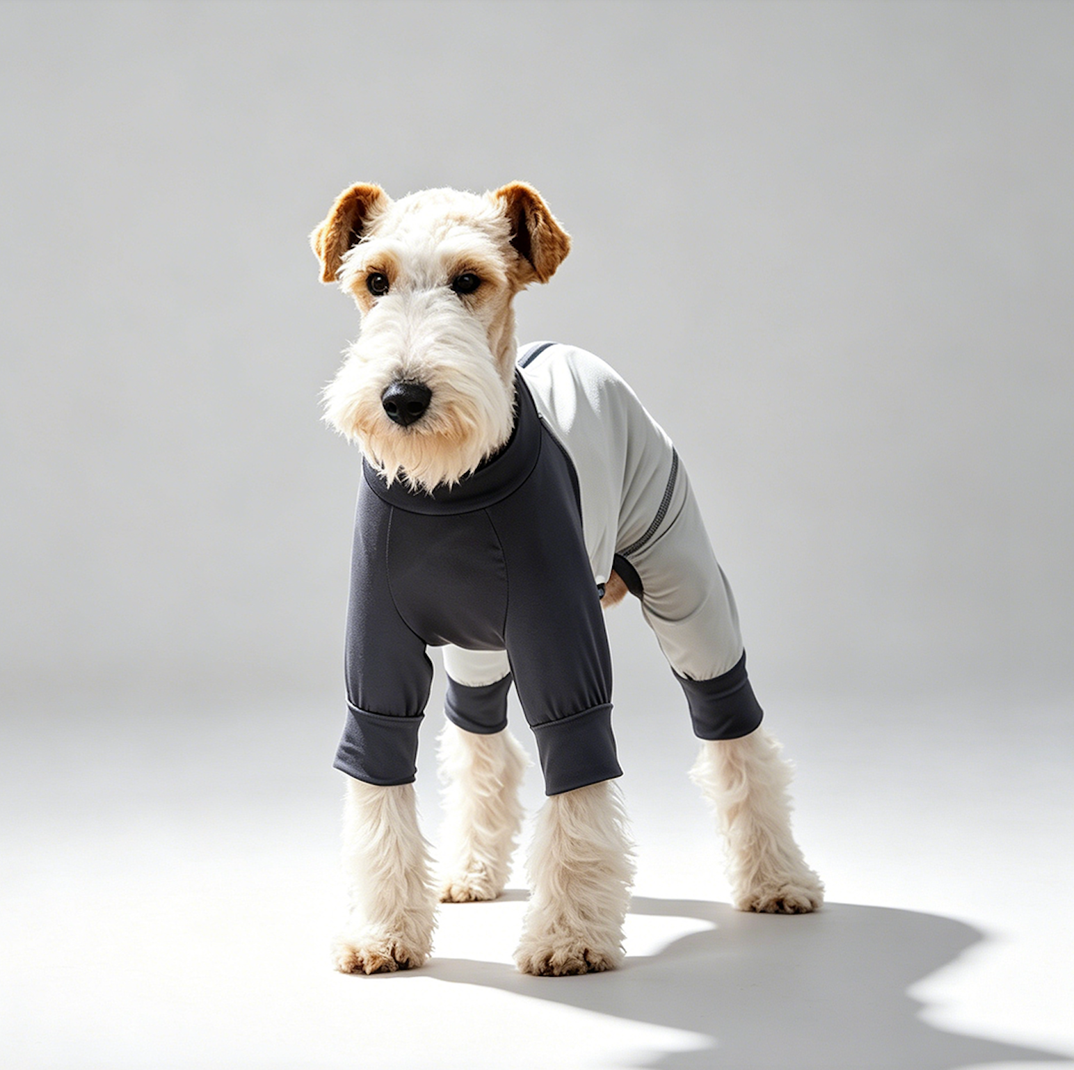 Front view studio shot of a Wire Fox Terrier standing still, wearing WoofShield dark charcoal & off-white four-legged full-coverage UPF 50+ cooling dog sun suit on plain light grey background