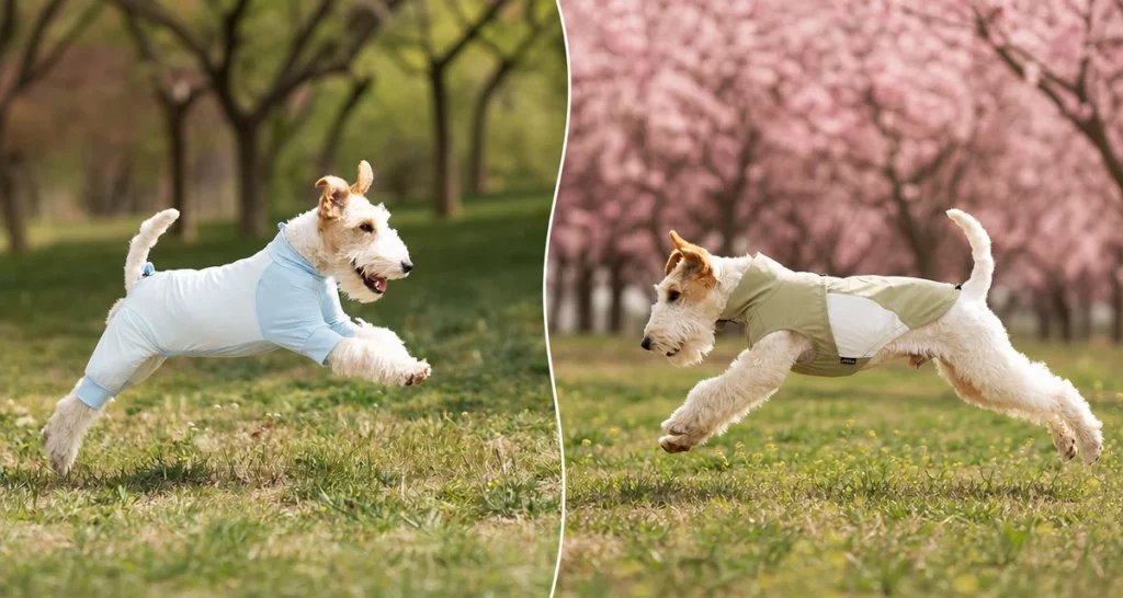 A side-by-side comparison of a dog wearing a lightweight sun protection vest and another dog wearing a 4-leg full-body sun suit outdoors.