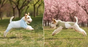 A side-by-side comparison of a dog wearing a lightweight sun protection vest and another dog wearing a 4-leg full-body sun suit outdoors.