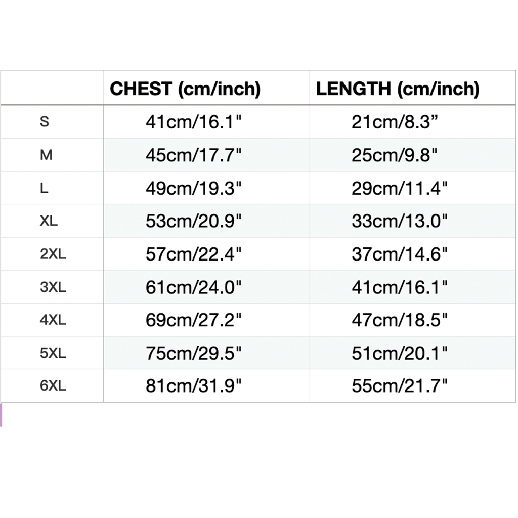 Dog raincoat size chart, chest girth and back length in cm & inches for dog apparel sizing guide
