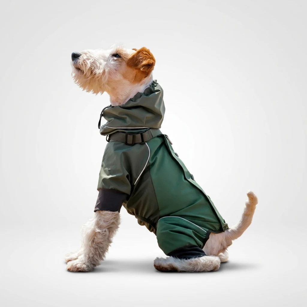 Square studio photo of a wire fox terrier sitting on soft pale gray backdrop, wearing solid forest green WoofShield four-leg dog rain jacket, featuring integrated hood with adjustable drawstring, thin reflective piping and black elastic leg cuffs