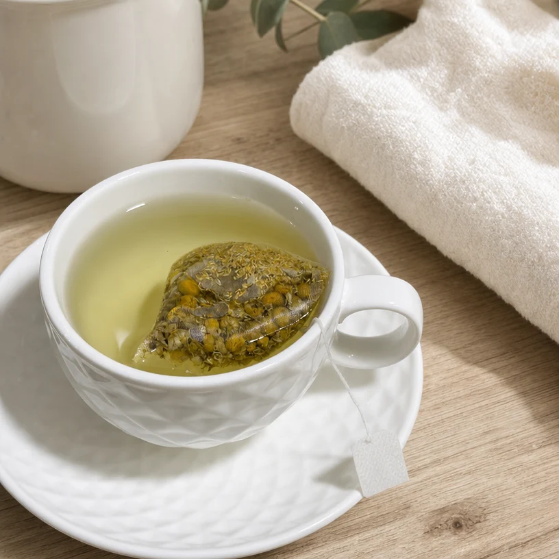 A clean towel and fresh chamomile tea prepared for a soothing home pet remedy.