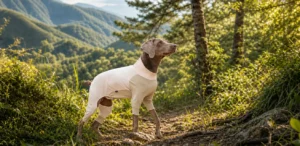 Weimaraner dog wearing WoofShield full body dog cooling sun suit on a scenic mountain hiking trail