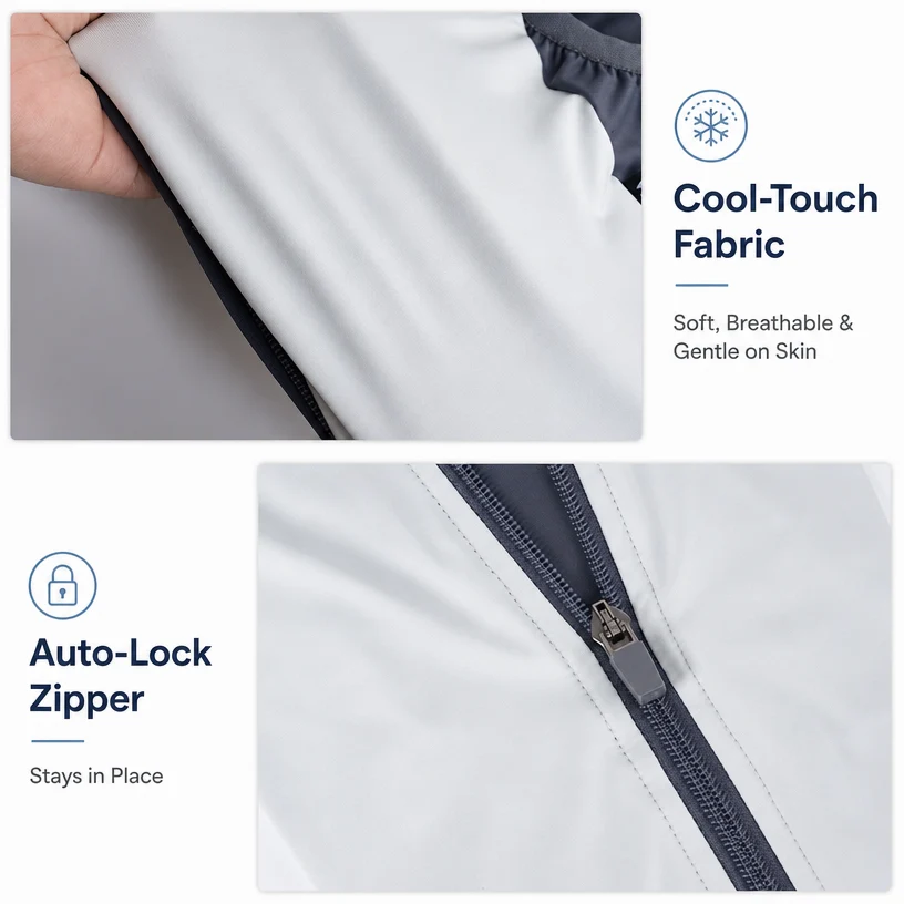 Infographic detail split image of WoofShield dog sun suit, featuring cool-touch cooling fabric texture and secure auto-lock zipper hardware close-up with feature text graphics