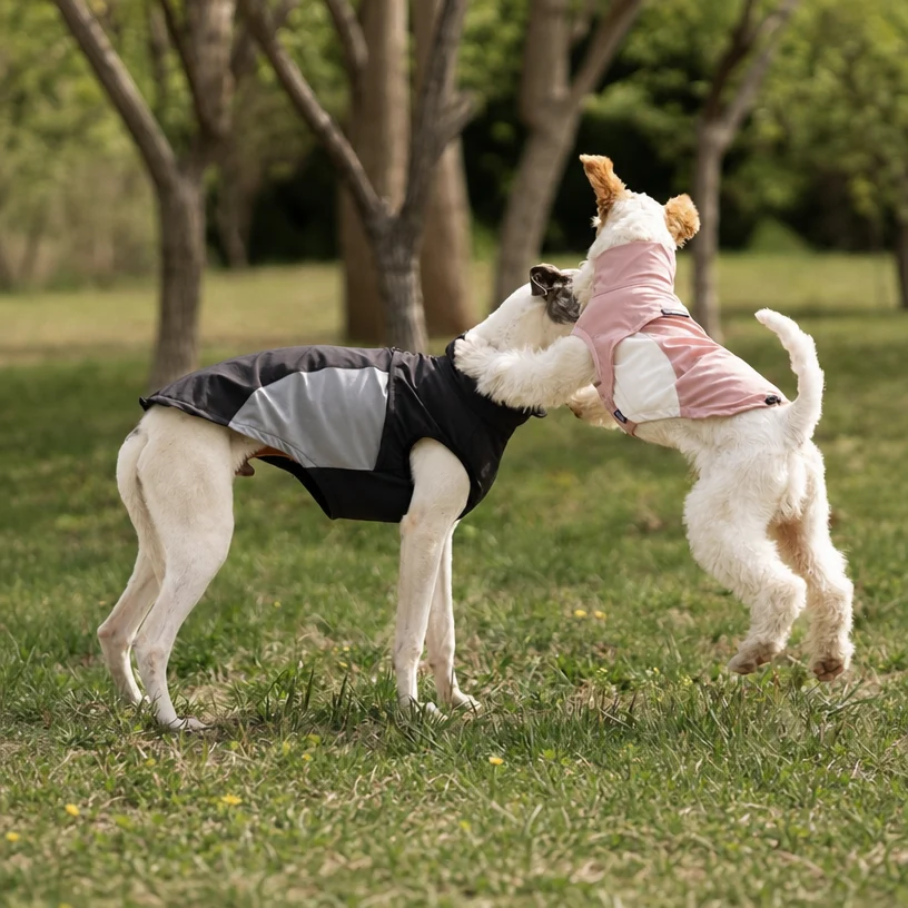 An active dog sprinting freely on the grass wearing a lightweight dog sun vest, showing maximum leg movement.