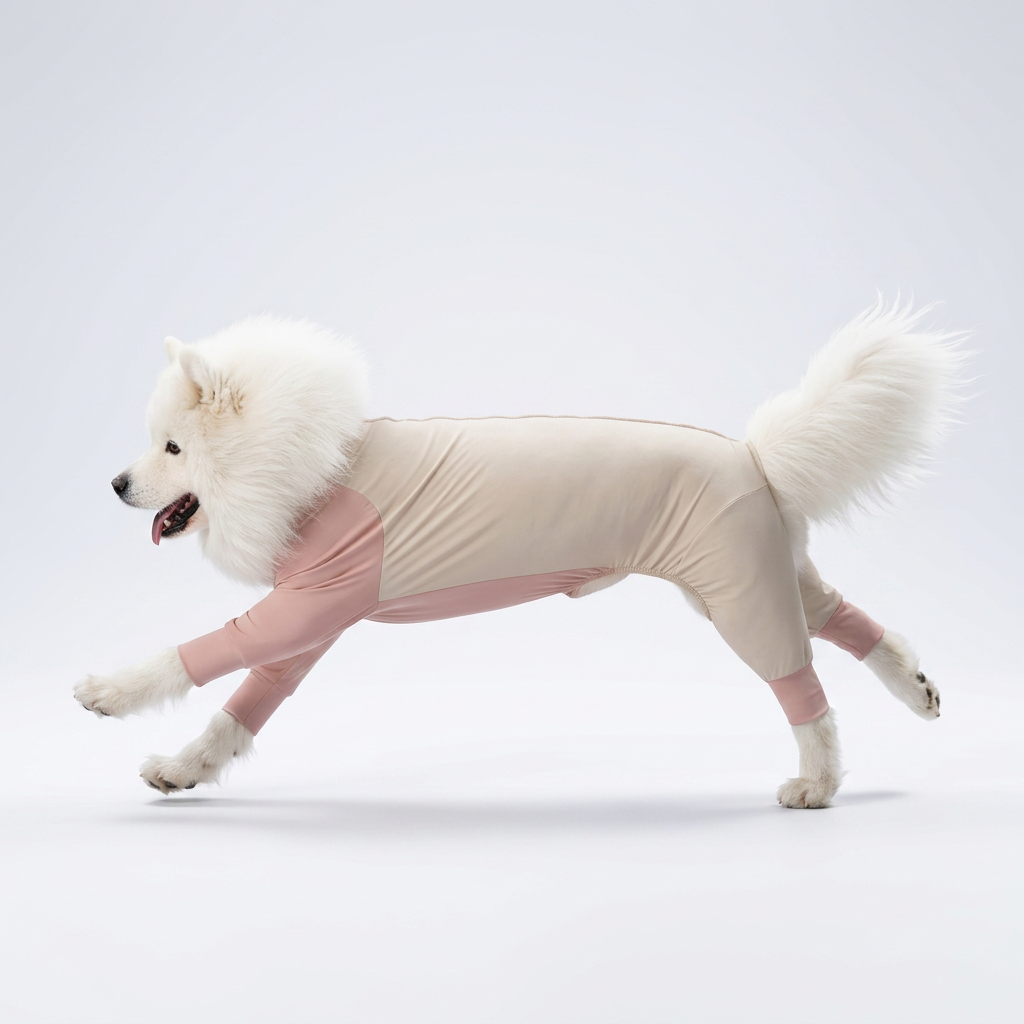 Fluffy white Samoyed mid-stride on plain light gray studio backdrop, wearing two-tone beige and blush four-legged full body dog sun suit, mouth slightly open with tongue peeking out