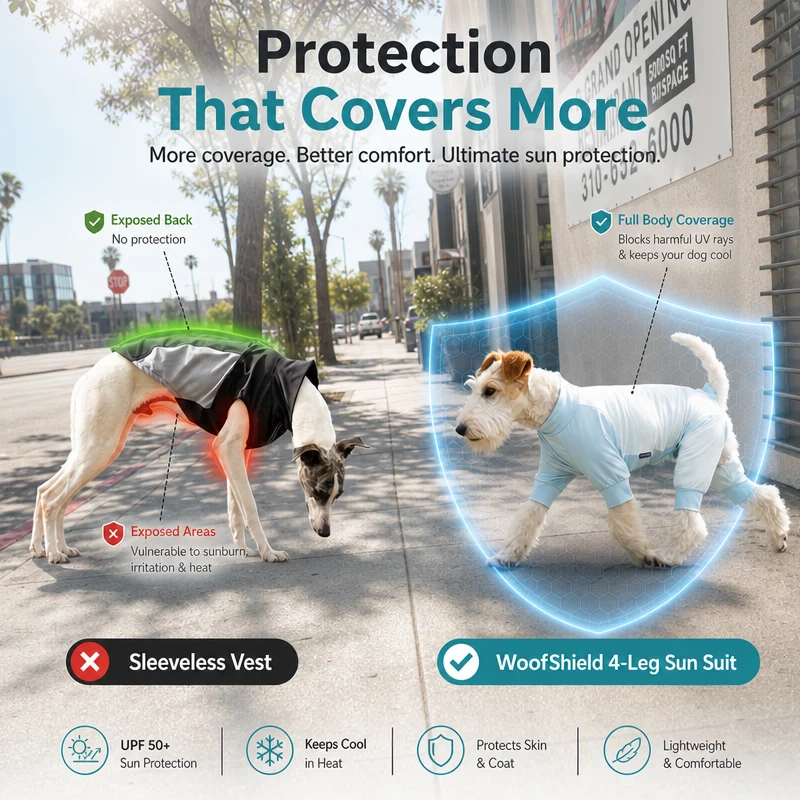 Comparison diagram between traditional sleeveless dog vest and WoofShield 4 leg dog sun suit covering vulnerable belly