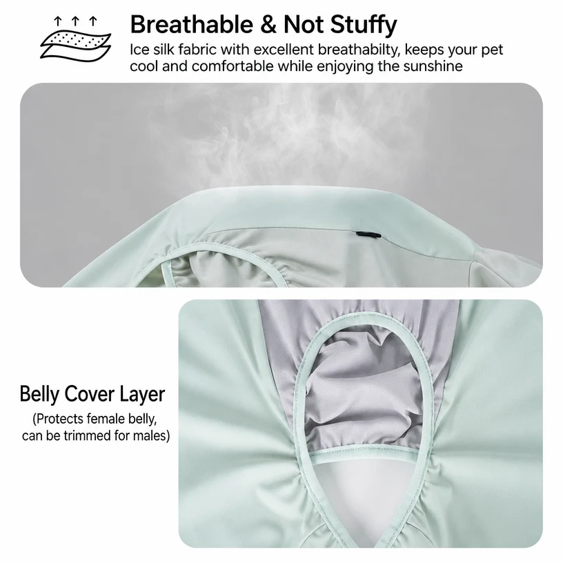 A macro close-up of premium cooling mesh fabric on a dog sun suit, highlighting its ultra-breathable and lightweight texture.