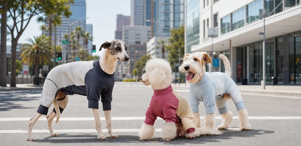 Three dogs wearing WoofShield full body cooling sun suits walking on city sidewalk