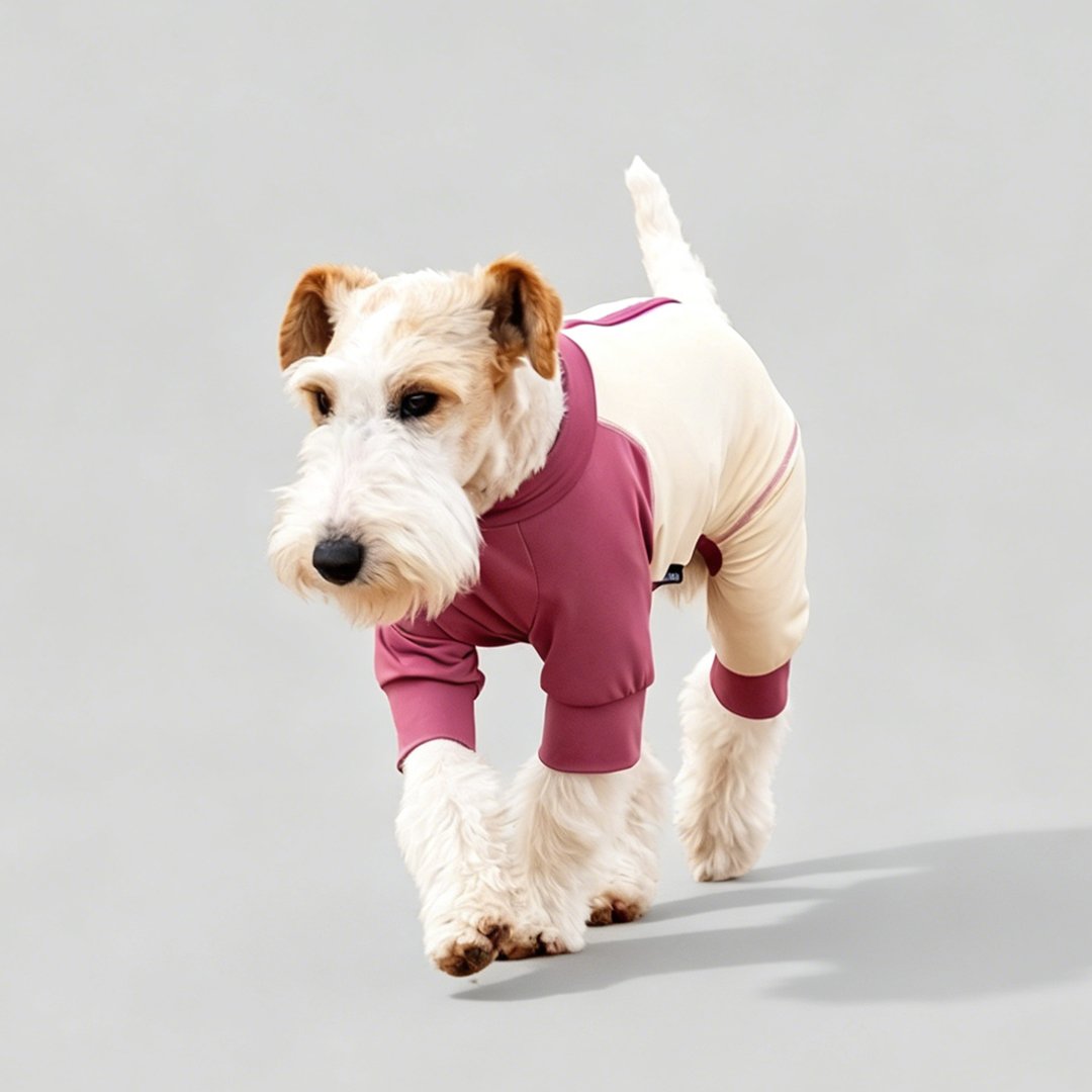 A walking Wire Fox Terrier wearing WoofShield dusty pink and cream four-legged full-coverage UPF 50+ dog sun protection suit in minimalist grey studio background
