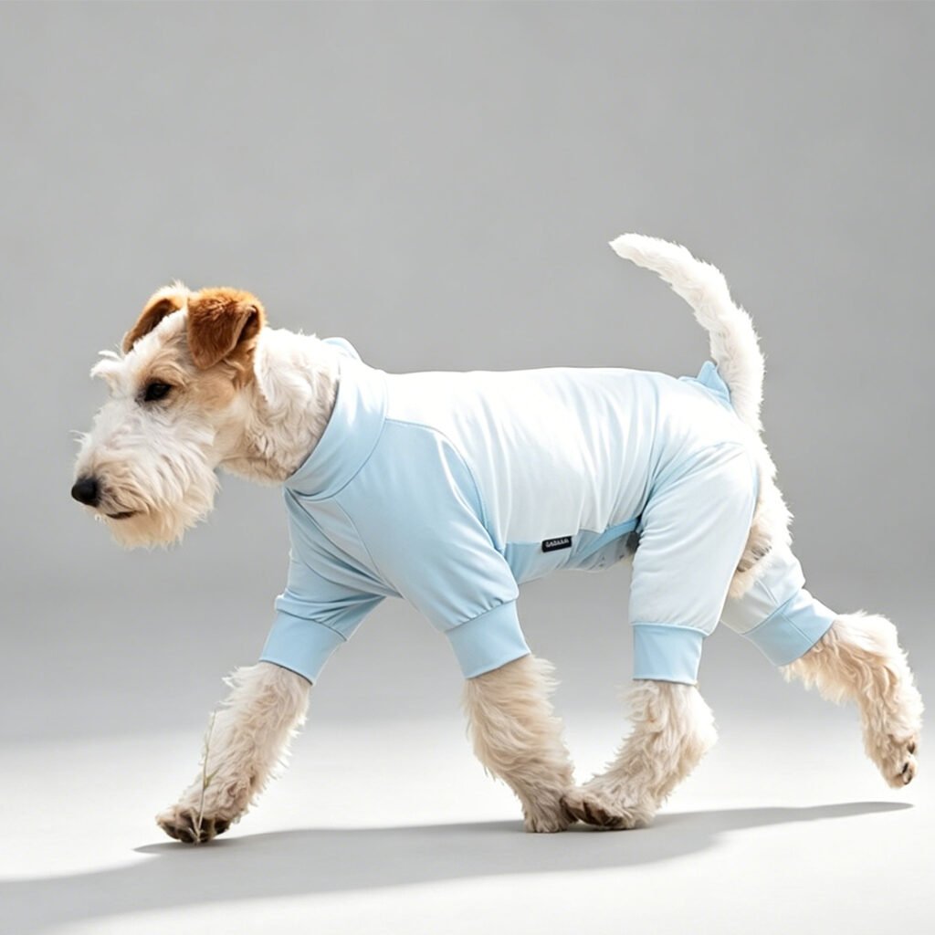 Side profile shot of a walking Wire Fox Terrier wearing WoofShield light sky blue four-legged full-coverage UPF 50+ cooling dog sun suit on plain grey studio backdrop