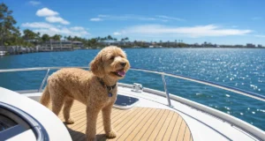 Goldendoodle dog standing on yacht deck over bright coastal water, tropical shoreline background, boating pet lifestyle graphic