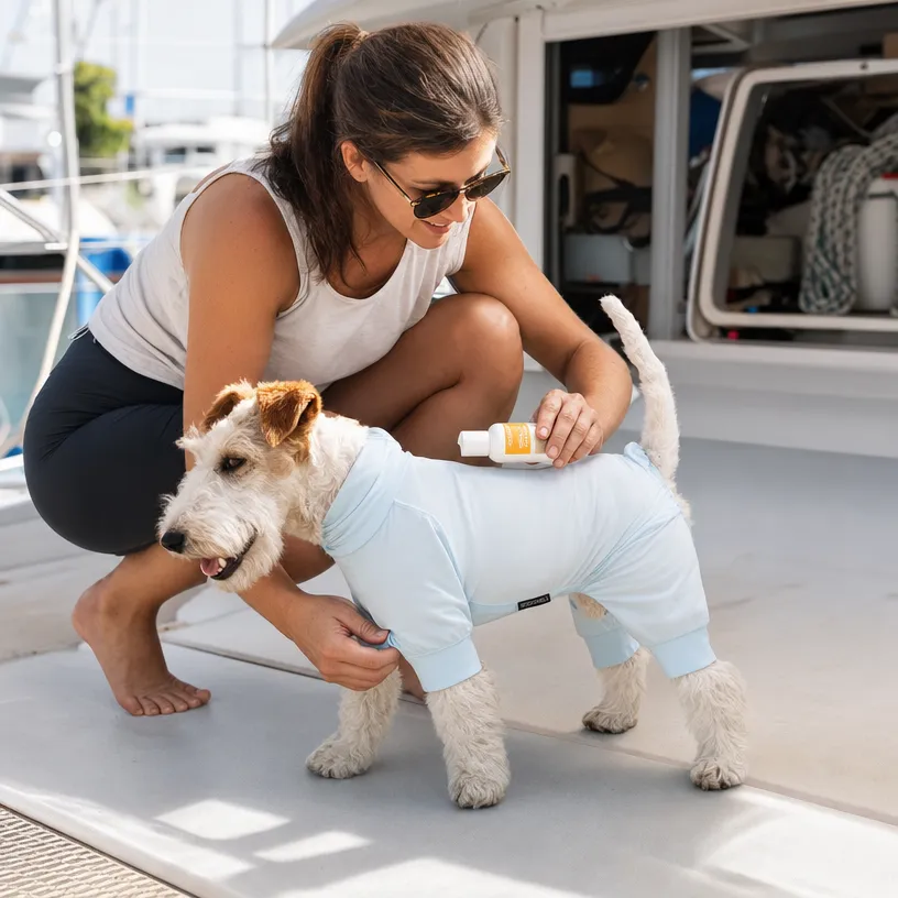 Close-up shot of woman kneeling on marina boat deck fitting WoofShield light blue four-leg sun suit on Wire Fox Terrier, pet sunscreen bottle in hand, pre-boating pet sun protection preparation scene