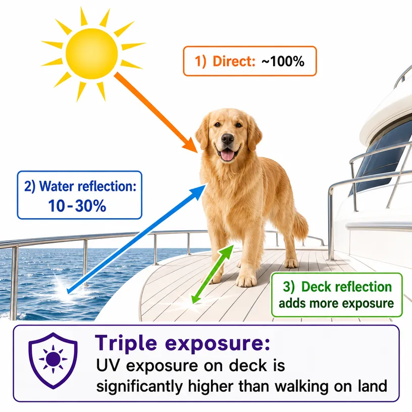 Educational infographic of golden retriever on yacht deck showing triple UV exposure sources: direct sunlight, water reflection, boat deck reflection, marine dog sun risk diagram