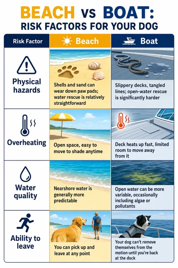 Educational comparison infographic Beach vs Boat dog risk factors table, four hazard categories visual chart for pet water activity blog