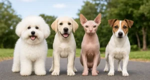 Bichon Frise, Labrador puppy, Sphynx cat, Jack Russell Terrier lined up on pavement, multi breed pet illustration with green tree background