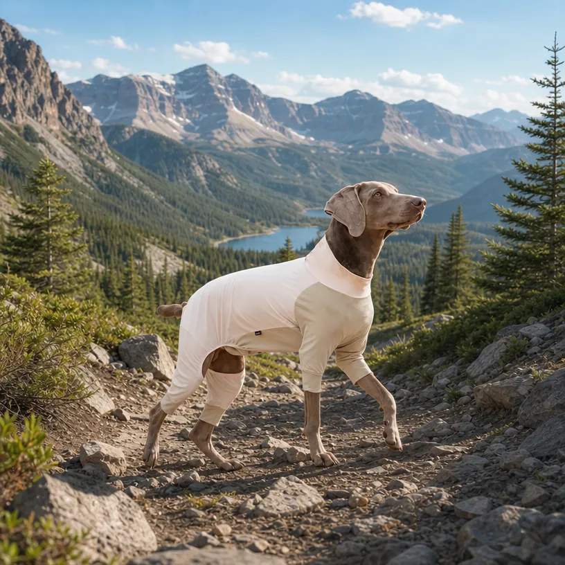 Weimaraner dog walking rocky alpine trail wearing WoofShield full-body UPF sun suit, snow mountain valley lake forest background, high altitude hiking protective apparel lifestyle graphic