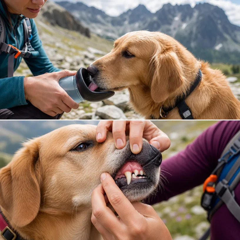 Split-panel mountain hiking photo: Top, owner gives golden retriever portable trail water; Bottom, hiker checks dog’s mouth for foxtail burrs, alpine rocky trail background, backcountry dog care graphic