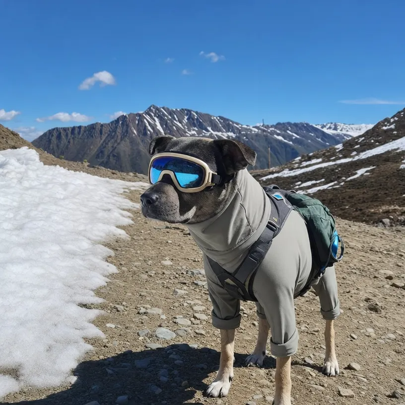 Short-haired mixed breed dog on high alpine rocky trail with residual snow, wearing WoofShield full-body UPF suit, mountain UV goggles and hiking backpack, snow-capped peak background high altitude adventure graphic