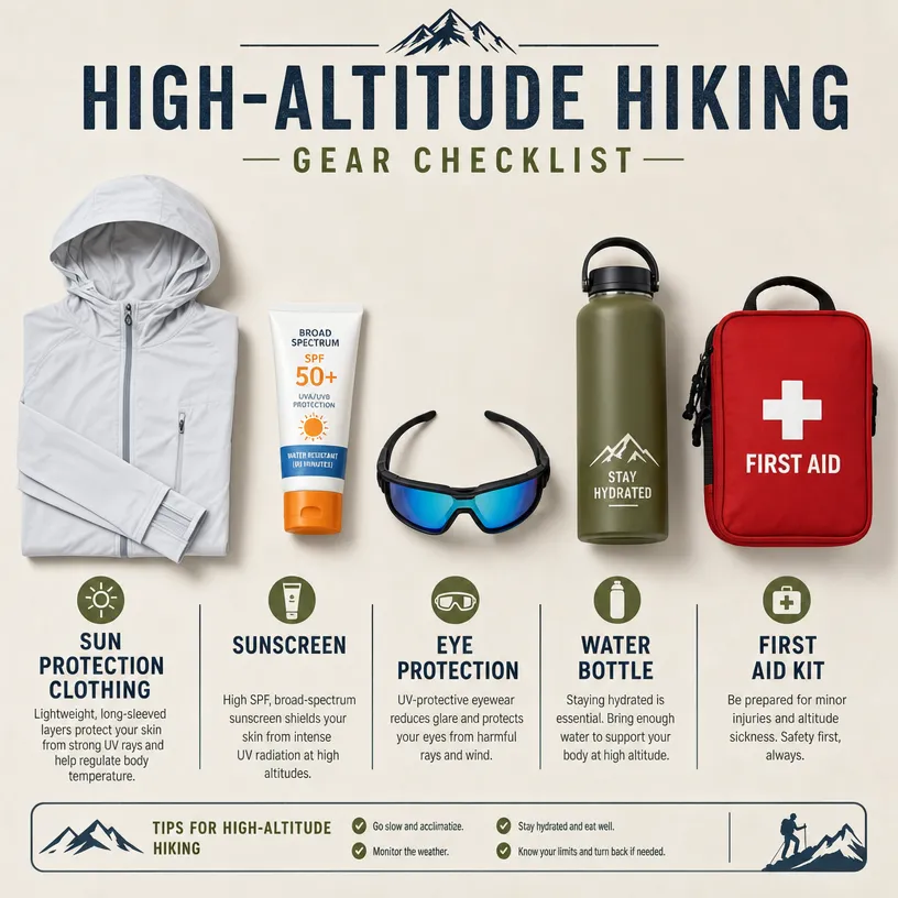 Flat lay infographic high-altitude hiking gear checklist, sun protective jacket, SPF50 sunscreen, UV goggles, water bottle, first aid kit, mountain hiking prep graphic for dog outdoor blog reference