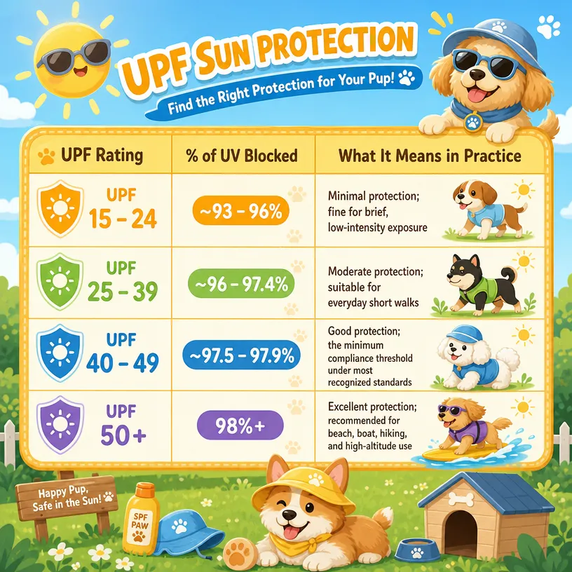 Cartoon educational infographic explaining UPF sun protection ratings for dogs, table showing UPF grades, UV blocking percentage and suitable outdoor scenarios, pet apparel buying guide graphic