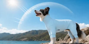 Border Collie wearing light blue high-neck UPF full-body dog sun suit on coastal rocky shore, translucent UV shield graphic blocks sunlight rays, seaside mountain landscape, canine UV protection lifestyle graphic