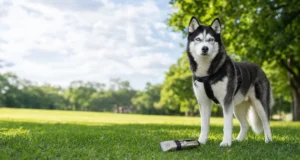 Siberian Husky standing on green park lawn, pet grooming clipper resting on grass beside its front paws, leafy trees and cloudy sky in background