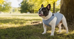 French Bulldog wearing light blue breathable mesh sun protection vest standing on grass in summer park, flat-faced dog outdoor UV protection