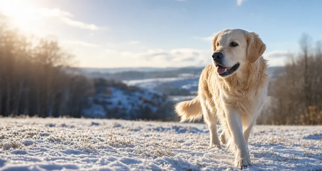 Golden Retriever walking across snow-covered hillside on bright sunny winter day, winter outdoor scene for dog cold weather protection