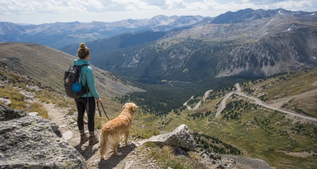 Backcountry hiking landscape photo, female hiker with backpack and golden retriever stand on high mountain trail overlooking alpine valley, rugged rocky terrain, high-altitude dog adventure graphic