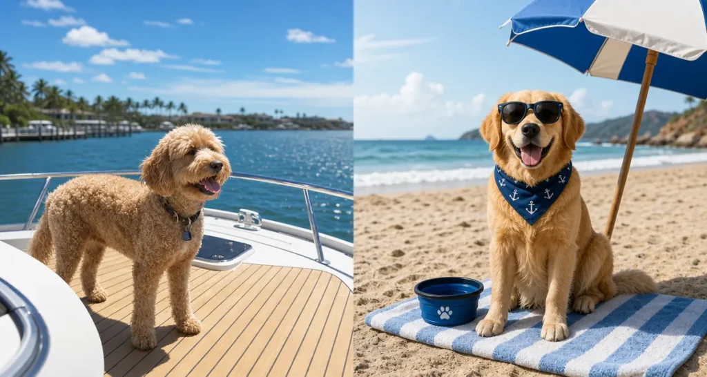 Split lifestyle graphic: Goldendoodle on yacht deck, golden retriever resting on beach towel under sun umbrella, side-by-side boat vs beach dog coastal vacation scene