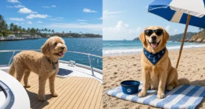 Split lifestyle graphic: Goldendoodle on yacht deck, golden retriever resting on beach towel under sun umbrella, side-by-side boat vs beach dog coastal vacation scene