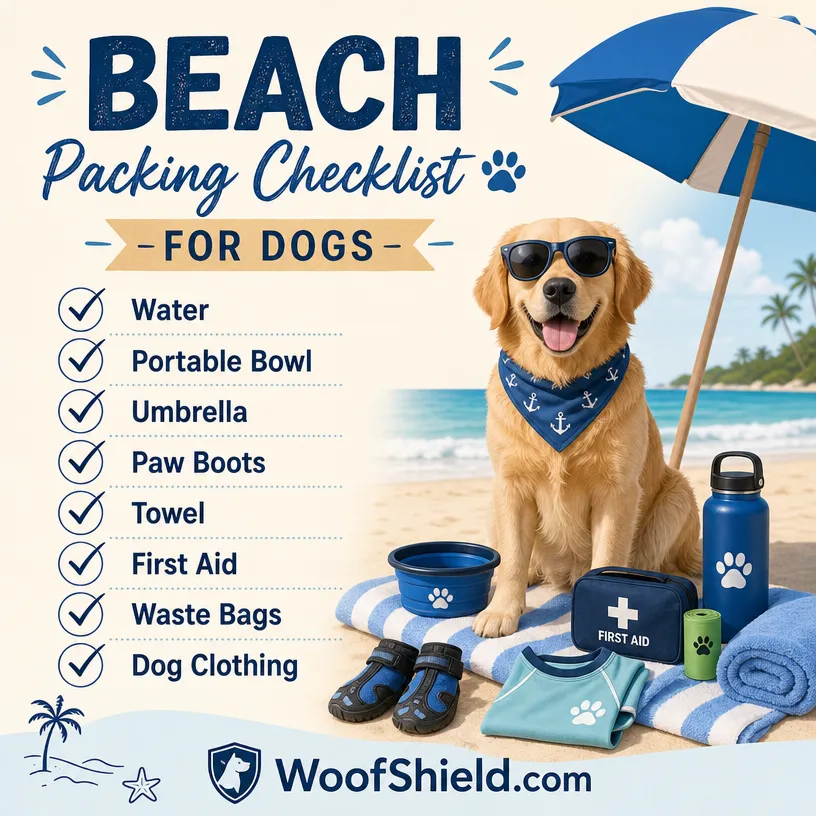 AI graphic social media poster for WoofShield dog beach packing checklist, text checklist with checked items, AI golden retriever beach illustration, laid-out pet travel gear, ocean beach background, brand logo and website WoofShield.com at bottom
