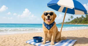Bright tropical beach lifestyle shot of a golden retriever wearing sunglasses and anchor bandana, sitting on striped towel under beach umbrella with collapsible paw-print water bowl, turquoise ocean and palm trees in background