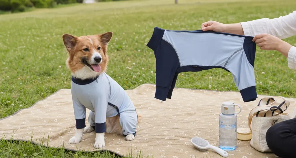Corgi in WoofShield 4-legged UV protective suit sits on lawn mat, owner holds matching full-body dog grass shield suit, city park backyard lifestyle photo