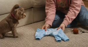 Indoor lifestyle real shot: Tiny Yorkshire terrier sits on carpet watching owner unfold light blue sun-protective dog shirt, warm home living room scene with beige sofa and pet toy beside the apparel