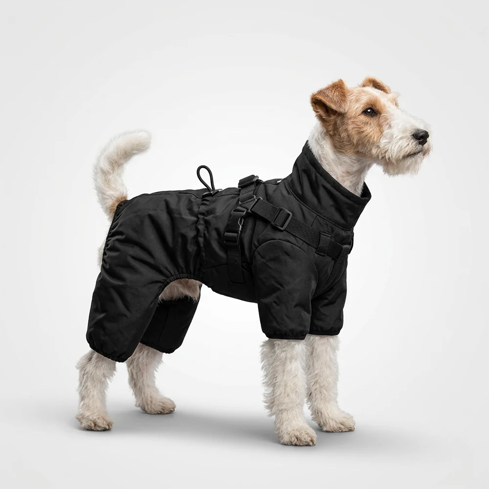 Side profile studio shot of a wire fox terrier standing on light gray plain backdrop, wearing solid black full-body four-leg dog rain suit with tall high collar and adjustable integrated chest harness straps