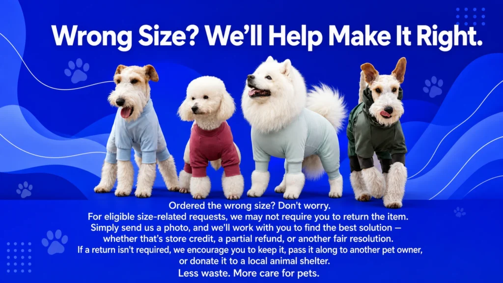 Blue banner customer service graphic for dog apparel brand, four different dog breeds wearing full-body sun suits, text explaining hassle-free wrong-size resolution policy with zero mandatory returns