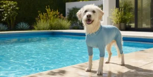 White dog wearing a sun-protective suit standing beside a backyard swimming pool after a swim, with bright sunlight reflecting off the water and pool deck.